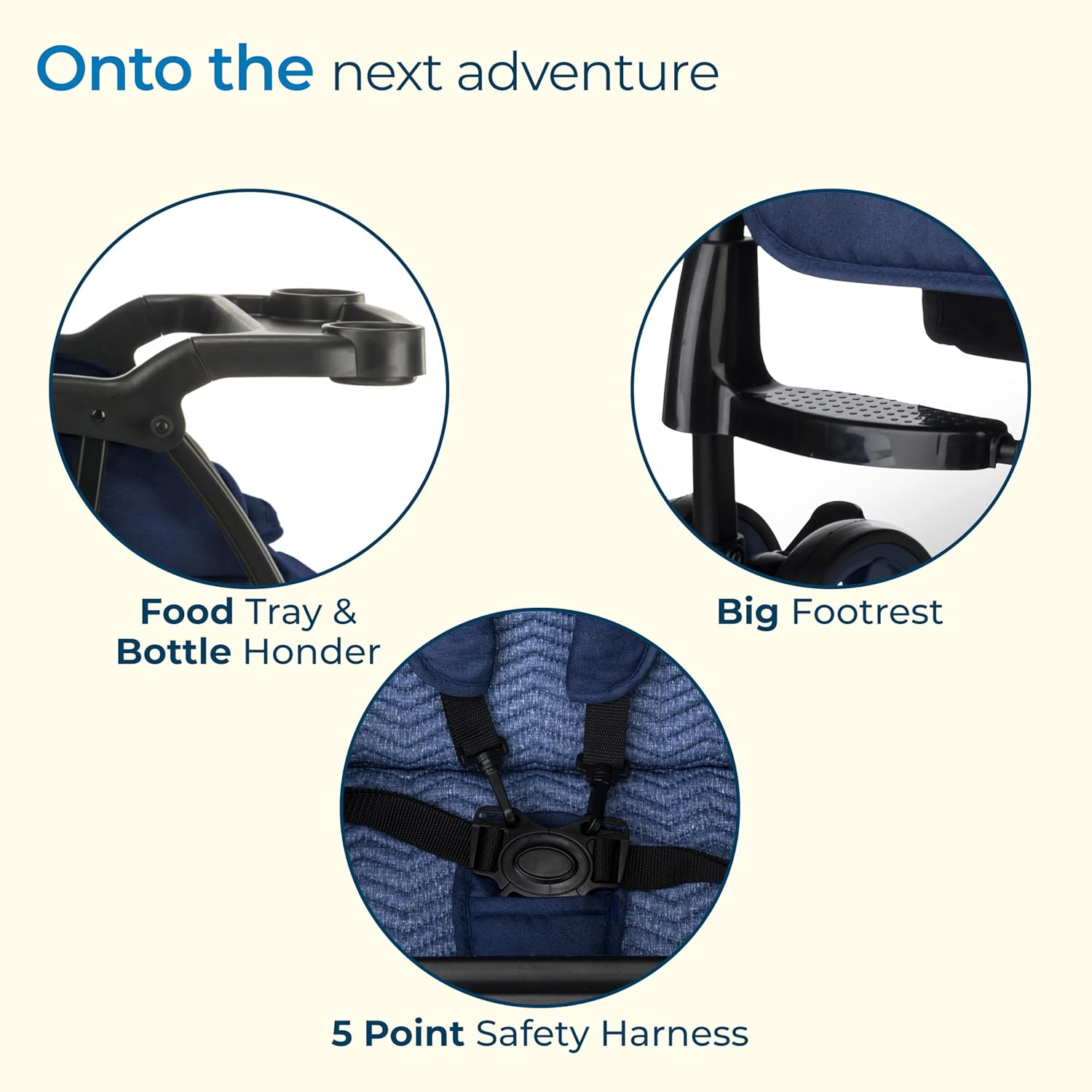 Blue LuvLap Sunshine Plus foldable stroller for babies, featuring a compact design, adjustable canopy, and removable feeding tray. Perfect for travel and easy storage. www.usmile.toys